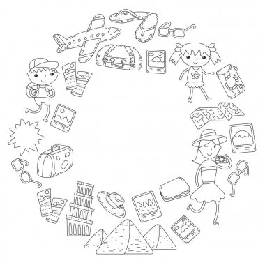 Doodle vektör seyahat, tatil, macera ayarlayın. Çocuklarla yolculuk için hazırlanıyor anne. Anaokulu, okul yaz tatili çizim çocuklar
