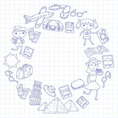 Doodle vektör seyahat, tatil, macera ayarlayın. Çocuklarla yolculuk için hazırlanıyor anne. Anaokulu, okul yaz tatili çizim çocuklar