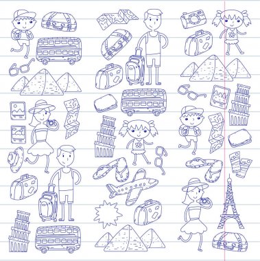 Doodle vektör seyahat, tatil, macera ayarlayın. Çocuklarla yolculuk için hazırlanıyor anne. Anaokulu, okul yaz tatili çizim çocuklar