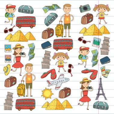Doodle vektör seyahat, tatil, macera ayarlayın. Çocuklarla yolculuk için hazırlanıyor anne. Anaokulu, okul yaz tatili çizim çocuklar