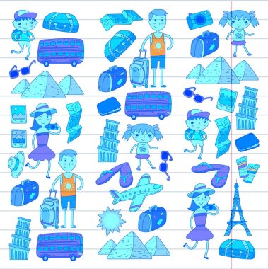 Doodle vektör seyahat, tatil, macera ayarlayın. Çocuklarla yolculuk için hazırlanıyor anne. Anaokulu, okul yaz tatili çizim çocuklar