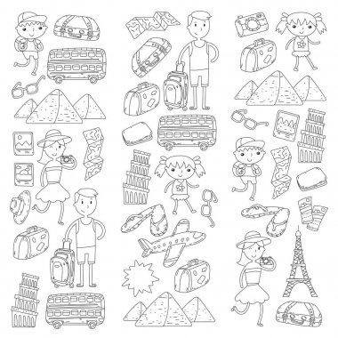 Doodle vektör seyahat, tatil, macera ayarlayın. Çocuklarla yolculuk için hazırlanıyor anne. Anaokulu, okul yaz tatili çizim çocuklar