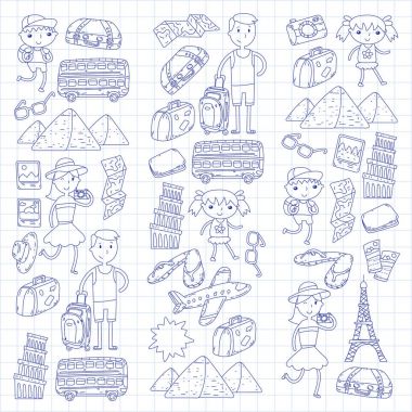 Doodle vektör seyahat, tatil, macera ayarlayın. Çocuklarla yolculuk için hazırlanıyor anne. Anaokulu, okul yaz tatili çizim çocuklar