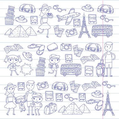 Doodle vektör seyahat, tatil, macera ayarlayın. Çocuklarla yolculuk için hazırlanıyor anne. Anaokulu, okul yaz tatili çizim çocuklar