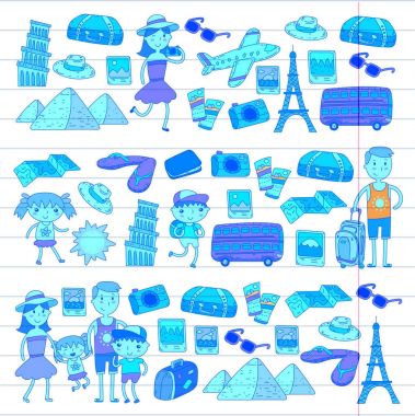 Doodle vektör seyahat, tatil, macera ayarlayın. Çocuklarla yolculuk için hazırlanıyor anne. Anaokulu, okul yaz tatili çizim çocuklar