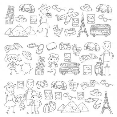 Doodle vektör seyahat, tatil, macera ayarlayın. Çocuklarla yolculuk için hazırlanıyor anne. Anaokulu, okul yaz tatili çizim çocuklar