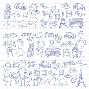 Doodle vektör seyahat, tatil, macera ayarlayın. Çocuklarla yolculuk için hazırlanıyor anne. Anaokulu, okul yaz tatili çizim çocuklar