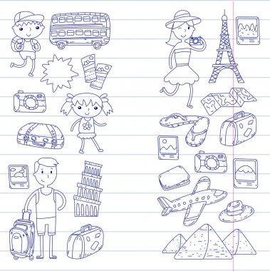 Doodle vektör seyahat, tatil, macera ayarlayın. Çocuklarla yolculuk için hazırlanıyor anne. Anaokulu, okul yaz tatili çizim çocuklar