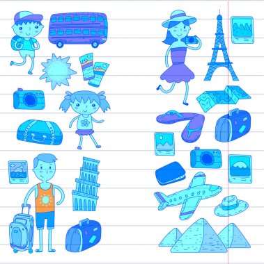 Doodle vektör seyahat, tatil, macera ayarlayın. Çocuklarla yolculuk için hazırlanıyor anne. Anaokulu, okul yaz tatili çizim çocuklar