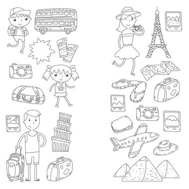 Doodle vektör seyahat, tatil, macera ayarlayın. Çocuklarla yolculuk için hazırlanıyor anne. Anaokulu, okul yaz tatili çizim çocuklar