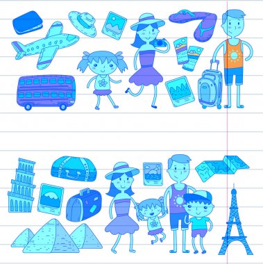 Doodle vektör seyahat, tatil, macera ayarlayın. Çocuklarla yolculuk için hazırlanıyor anne. Anaokulu, okul yaz tatili çizim çocuklar