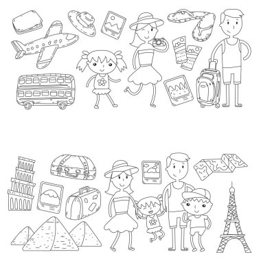 Doodle vektör seyahat, tatil, macera ayarlayın. Çocuklarla yolculuk için hazırlanıyor anne. Anaokulu, okul yaz tatili çizim çocuklar