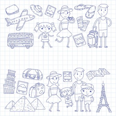 Doodle vektör seyahat, tatil, macera ayarlayın. Çocuklarla yolculuk için hazırlanıyor anne. Anaokulu, okul yaz tatili çizim çocuklar