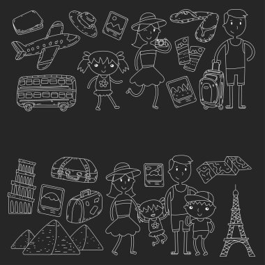 Doodle vektör seyahat, tatil, macera ayarlayın. Çocuklarla yolculuk için hazırlanıyor anne. Anaokulu, okul yaz tatili çizim çocuklar