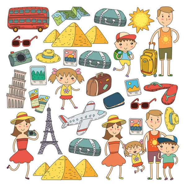 Doodle vector set Viajar, vacaciones, aventura. Niños con padres Preparándose para su viaje. Jardín de infantes, vacaciones escolares de verano Dibujo para niños — Vector de stock