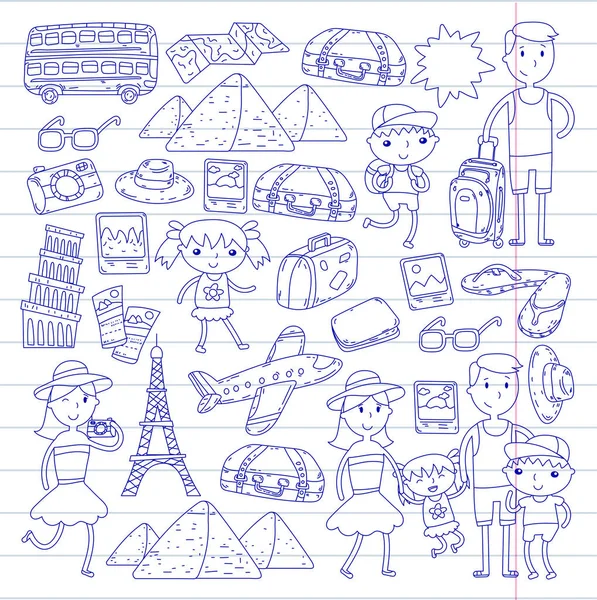 Doodle vektör seyahat, tatil, macera ayarlayın. Çocuklarla yolculuk için hazırlanıyor anne. Anaokulu, okul yaz tatili çizim çocuklar