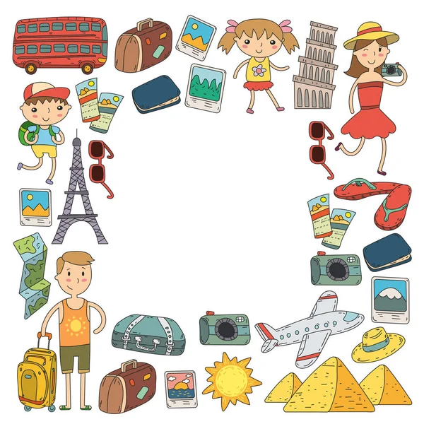 Doodle διάνυσμα οριστεί ταξίδια, διακοπές, περιπέτεια. Τα παιδιά με γονείς προετοιμασία για το ταξίδι σας. Νηπιαγωγείο, σχολείο καλοκαιρινές διακοπές παιδιά σχέδιο — Διανυσματικό Αρχείο