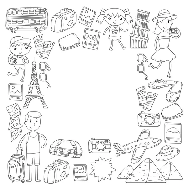 Doodle vector set Viajar, férias, aventura. Crianças com pais Preparando-se para sua jornada. Jardim de infância, escola férias de verão Desenho de crianças —  Vetores de Stock