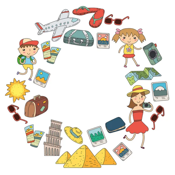 Doodle vector set Viajar, vacaciones, aventura. Niños con padres Preparándose para su viaje. Jardín de infantes, vacaciones escolares de verano Dibujo para niños — Archivo Imágenes Vectoriales