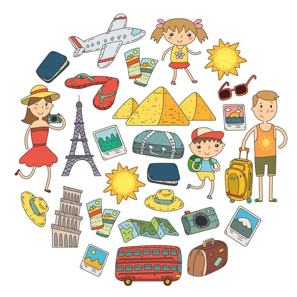 Doodle vektör seyahat, tatil, macera ayarlayın. Çocuklarla yolculuk için hazırlanıyor anne. Anaokulu, okul yaz tatili çizim çocuklar — Stok Vektör