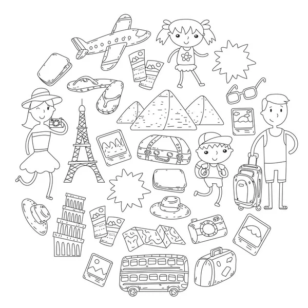 Doodle vector set Viajar, férias, aventura. Crianças com pais Preparando-se para sua jornada. Jardim de infância, escola férias de verão Desenho de crianças —  Vetores de Stock