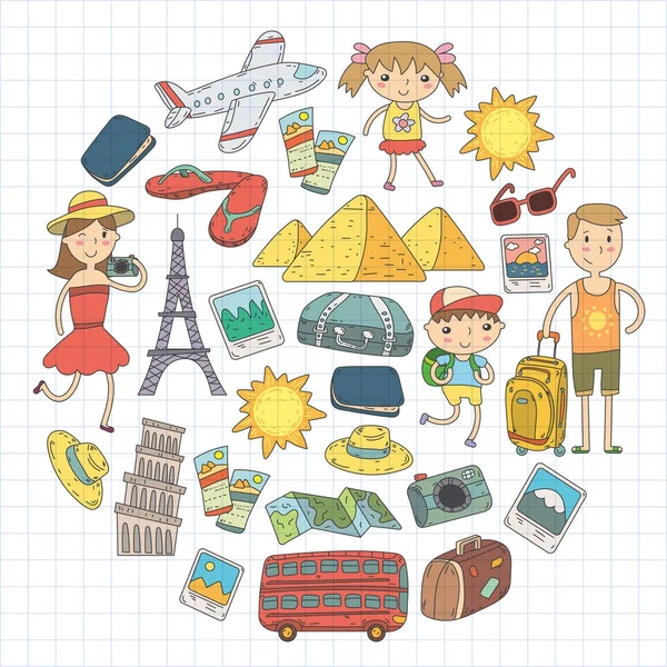 Doodle vector set Viajar, férias, aventura. Crianças com pais Preparando-se para sua jornada. Jardim de infância, escola férias de verão Desenho de crianças — Vetor de Stock