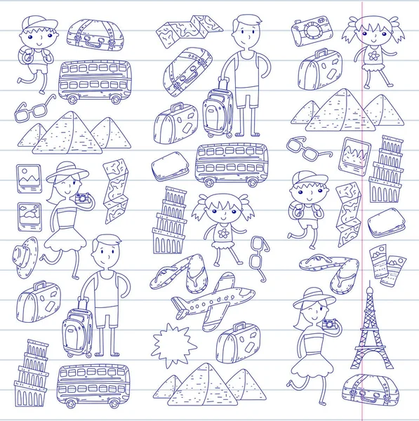 Doodle vektör seyahat, tatil, macera ayarlayın. Çocuklarla yolculuk için hazırlanıyor anne. Anaokulu, okul yaz tatili çizim çocuklar
