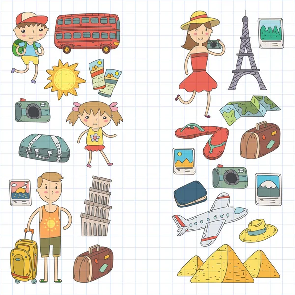 Doodle vector set Viajar, vacaciones, aventura. Niños con padres Preparándose para su viaje. Jardín de infantes, vacaciones escolares de verano Dibujo para niños — Vector de stock