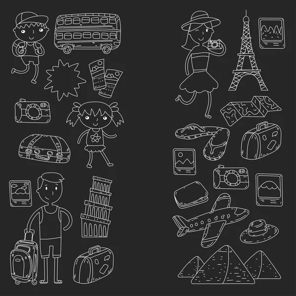 Doodle vector set Travel , vacation, adventure. Children with parents Preparing for your journey. Kindergarten, school summer vacation Kids drawing