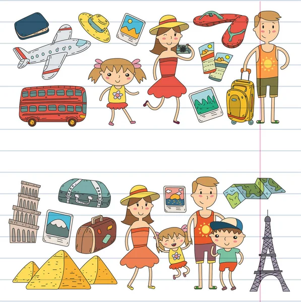 Doodle διάνυσμα οριστεί ταξίδια, διακοπές, περιπέτεια. Τα παιδιά με γονείς προετοιμασία για το ταξίδι σας. Νηπιαγωγείο, σχολείο καλοκαιρινές διακοπές παιδιά σχέδιο — Διανυσματικό Αρχείο