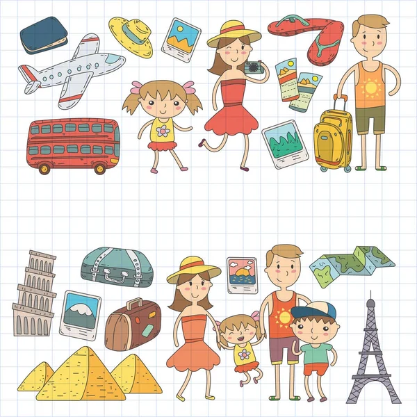 Doodle vector set Viajar, vacaciones, aventura. Niños con padres Preparándose para su viaje. Jardín de infantes, vacaciones escolares de verano Dibujo para niños — Vector de stock