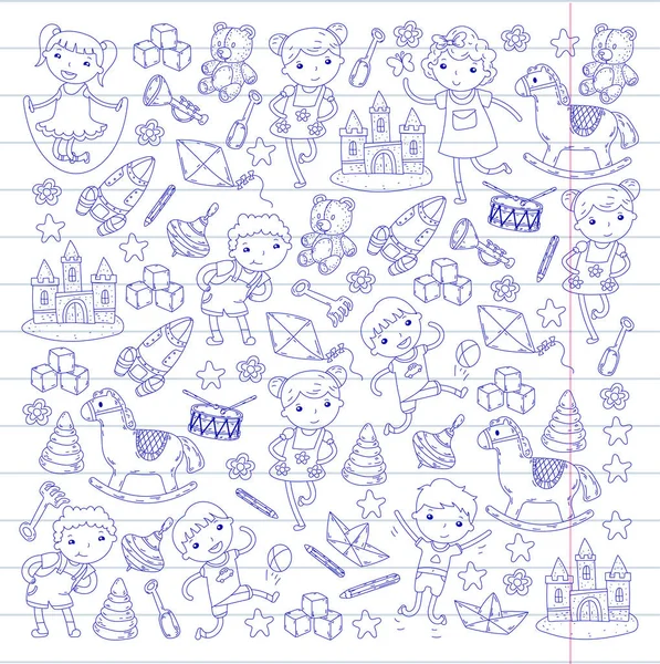 Guardería Infantil Educación preescolar con niños Patrón de doodles Niños juegan y estudian Niños y niñas niños dibujando iconos Espacio, aventura, exploración, concepto de imaginación — Vector de stock