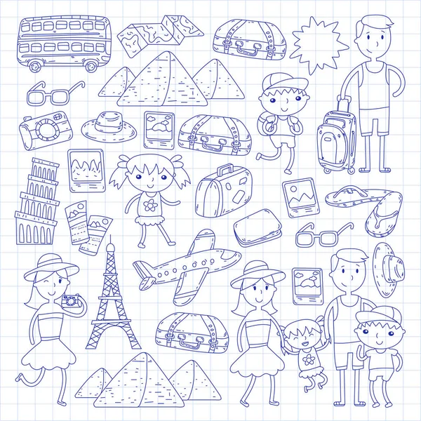 Doodle vector set Travel , vacation, adventure. Children with parents Preparing for your journey. Kindergarten, school summer vacation Kids drawing Stock Vector