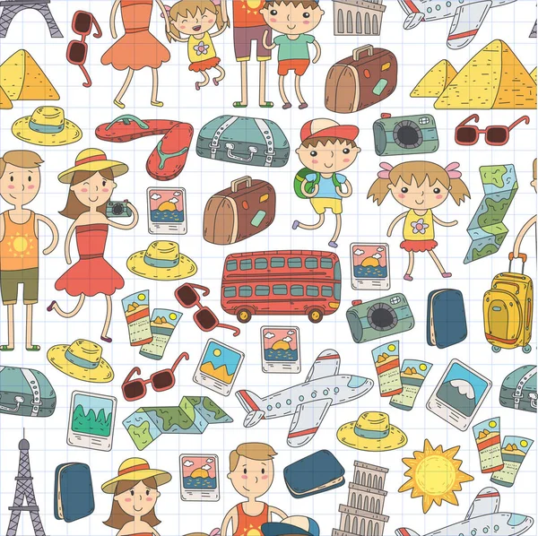Doodle vector set Travel , vacation, adventure. Children with parents Preparing for your journey. Kindergarten, school summer vacation Kids drawing Royalty Free Stock Vectors