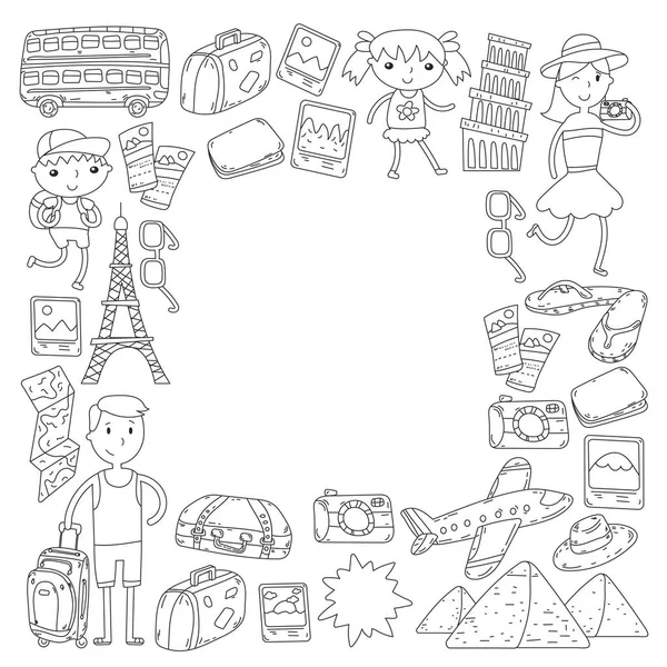Doodle vector set Travel , vacation, adventure. Children with parents Preparing for your journey. Kindergarten, school summer vacation Kids drawing Stock Vector