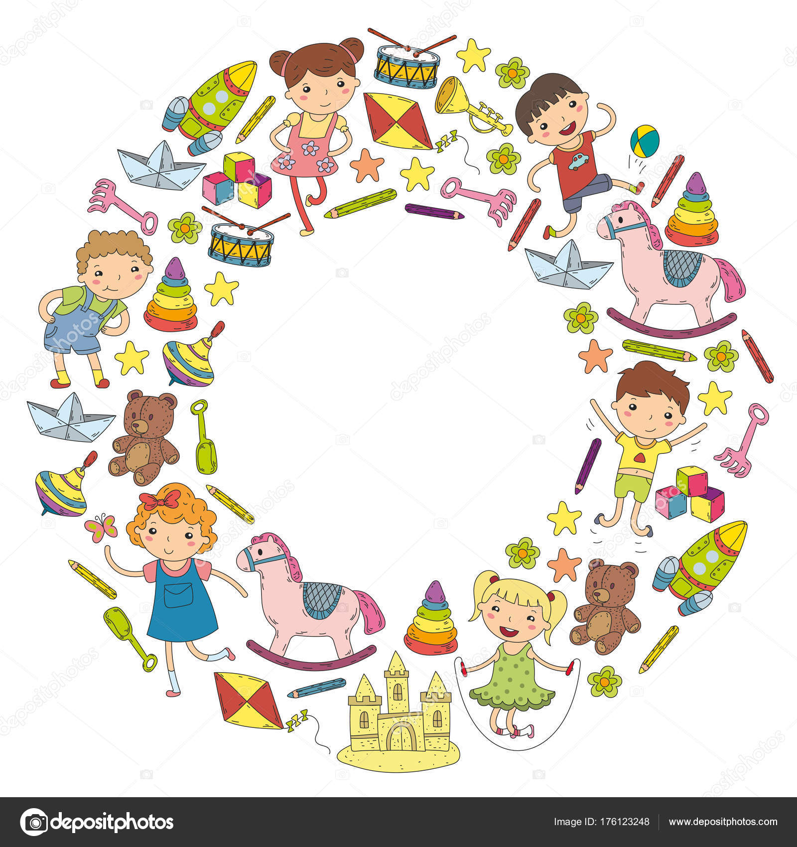 Formazione di asilo nido scuola materna scuola con bambini Doodle modelli bambini giocare e studiano ragazzi e ragazze bambini icone illustrazione spazio