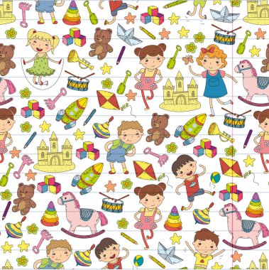 Çizim simgeler alanı, Macera, keşif, hayal gücü kavramı anaokulu anaokulu okul öncesi eğitim ile Doodle desen çocuklar oynamak ve çocuklar ve kızlar çalışma çocuk çocuklar