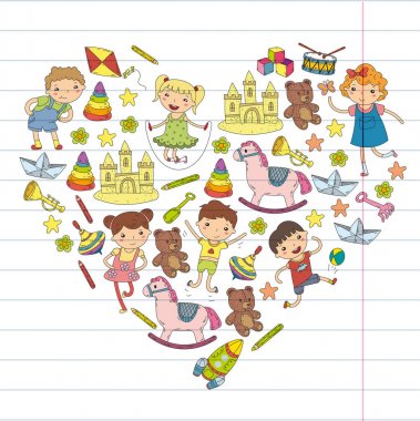 Çizim simgeler alanı, Macera, keşif, hayal gücü kavramı anaokulu anaokulu okul öncesi eğitim ile Doodle desen çocuklar oynamak ve çocuklar ve kızlar çalışma çocuk çocuklar