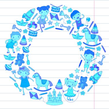 Çizim simgeler alanı, Macera, keşif, hayal gücü kavramı anaokulu anaokulu okul öncesi eğitim ile Doodle desen çocuklar oynamak ve çocuklar ve kızlar çalışma çocuk çocuklar