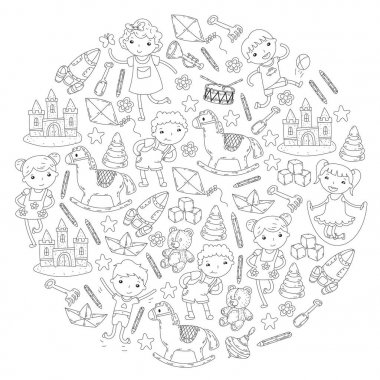 Çizim simgeler alanı, Macera, keşif, hayal gücü kavramı anaokulu anaokulu okul öncesi eğitim ile Doodle desen çocuklar oynamak ve çocuklar ve kızlar çalışma çocuk çocuklar