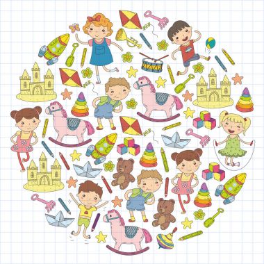 Çizim simgeler alanı, Macera, keşif, hayal gücü kavramı anaokulu anaokulu okul öncesi eğitim ile Doodle desen çocuklar oynamak ve çocuklar ve kızlar çalışma çocuk çocuklar