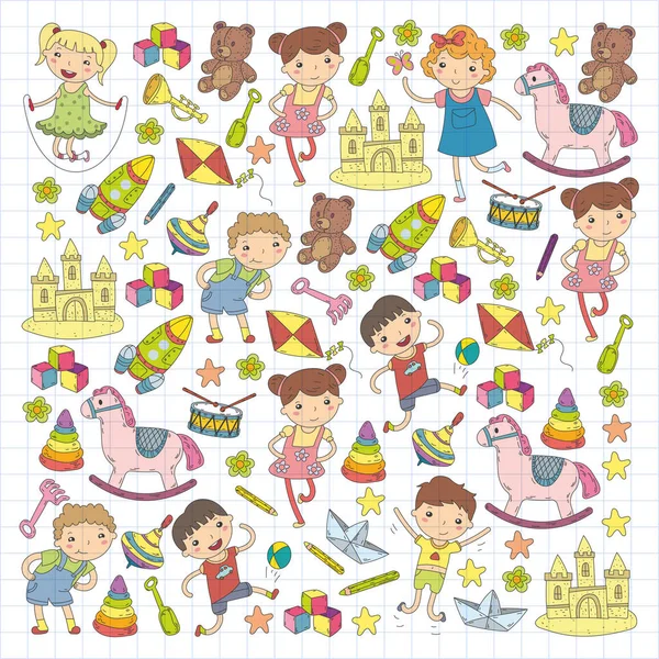 Kindergarten Nursery Preschool School education with children Doodle pattern Kids play and study Boys and girls kids drawing icons Space, adventure, exploration, imagination concept Vector Graphics