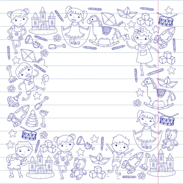 Kindergarten Nursery Preschool School education with children Doodle pattern Kids play and study Boys and girls kids drawing icons Space, adventure, exploration, imagination concept Stock Illustration