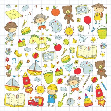 Çizim simgeler alanı, Macera, keşif, hayal gücü kavramı anaokulu anaokulu okul öncesi eğitim ile Doodle desen çocuklar oynamak ve çocuklar ve kızlar çalışma çocuk çocuklar