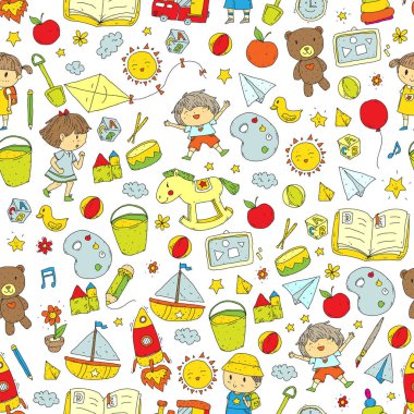 Çizim simgeler alanı, Macera, keşif, hayal gücü kavramı anaokulu anaokulu okul öncesi eğitim ile Doodle desen çocuklar oynamak ve çocuklar ve kızlar çalışma çocuk çocuklar