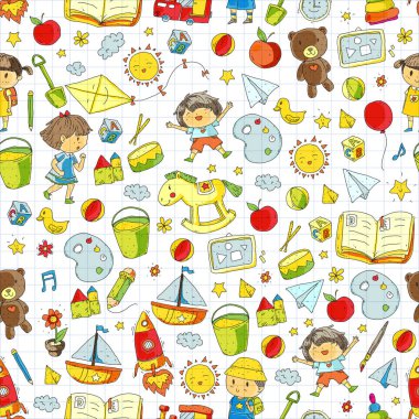 Çizim simgeler alanı, Macera, keşif, hayal gücü kavramı anaokulu anaokulu okul öncesi eğitim ile Doodle desen çocuklar oynamak ve çocuklar ve kızlar çalışma çocuk çocuklar