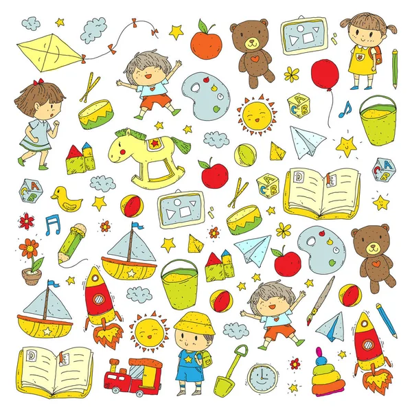 Kindergarten Nursery Preschool School education with children Doodle pattern Kids play and study Boys and girls kids drawing icons Space, adventure, exploration, imagination concept — Stock Vector