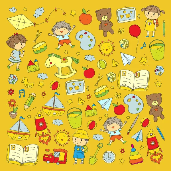 Kindergarten Nursery Preschool School education with children Doodle pattern Kids play and study Boys and girls kids drawing icons Space, adventure, exploration, imagination concept — Stock Vector