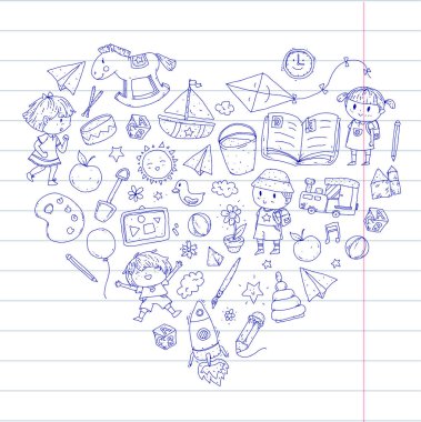 Çizim simgeler alanı, Macera, keşif, hayal gücü kavramı anaokulu anaokulu okul öncesi eğitim ile Doodle desen çocuklar oynamak ve çocuklar ve kızlar çalışma çocuk çocuklar