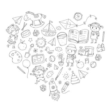Çizim simgeler alanı, Macera, keşif, hayal gücü kavramı anaokulu anaokulu okul öncesi eğitim ile Doodle desen çocuklar oynamak ve çocuklar ve kızlar çalışma çocuk çocuklar